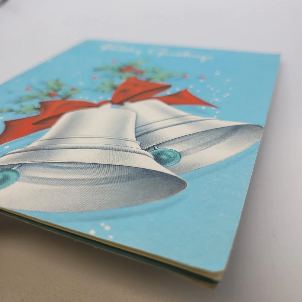 Vintage Holiday Greetings Christmas Card Bells Bow Holly Signed 1950s